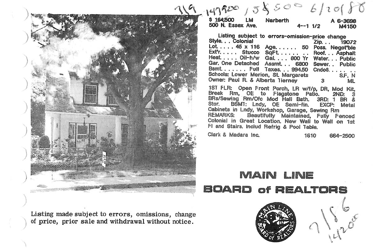 500 N. Essex Avenue real estate listing, 1986