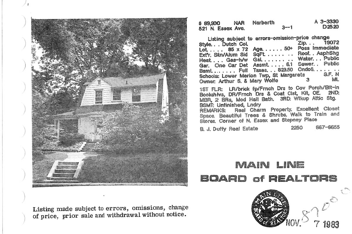 521 N. Essex Avenue real estate listing, 1983