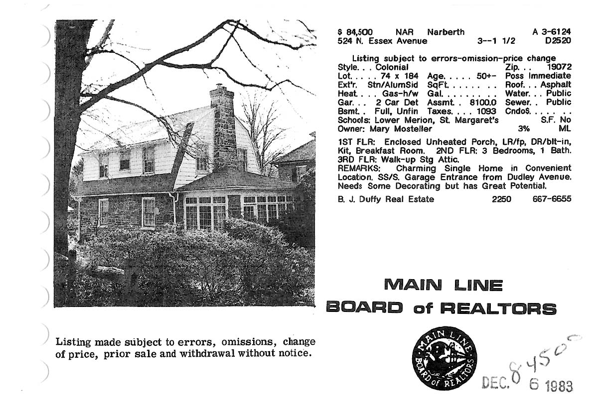 524 N. Essex Avenue real estate listing, 1983