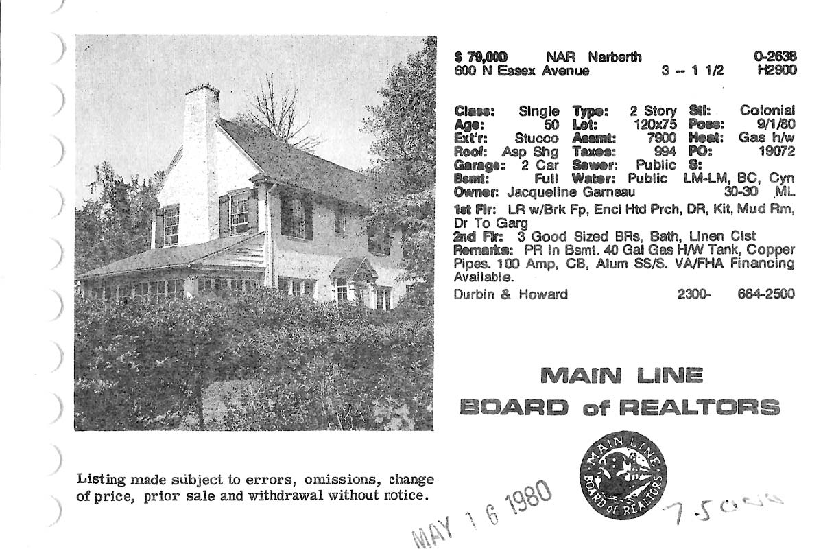 600 N. Essex Avenue real estate listing, 1980