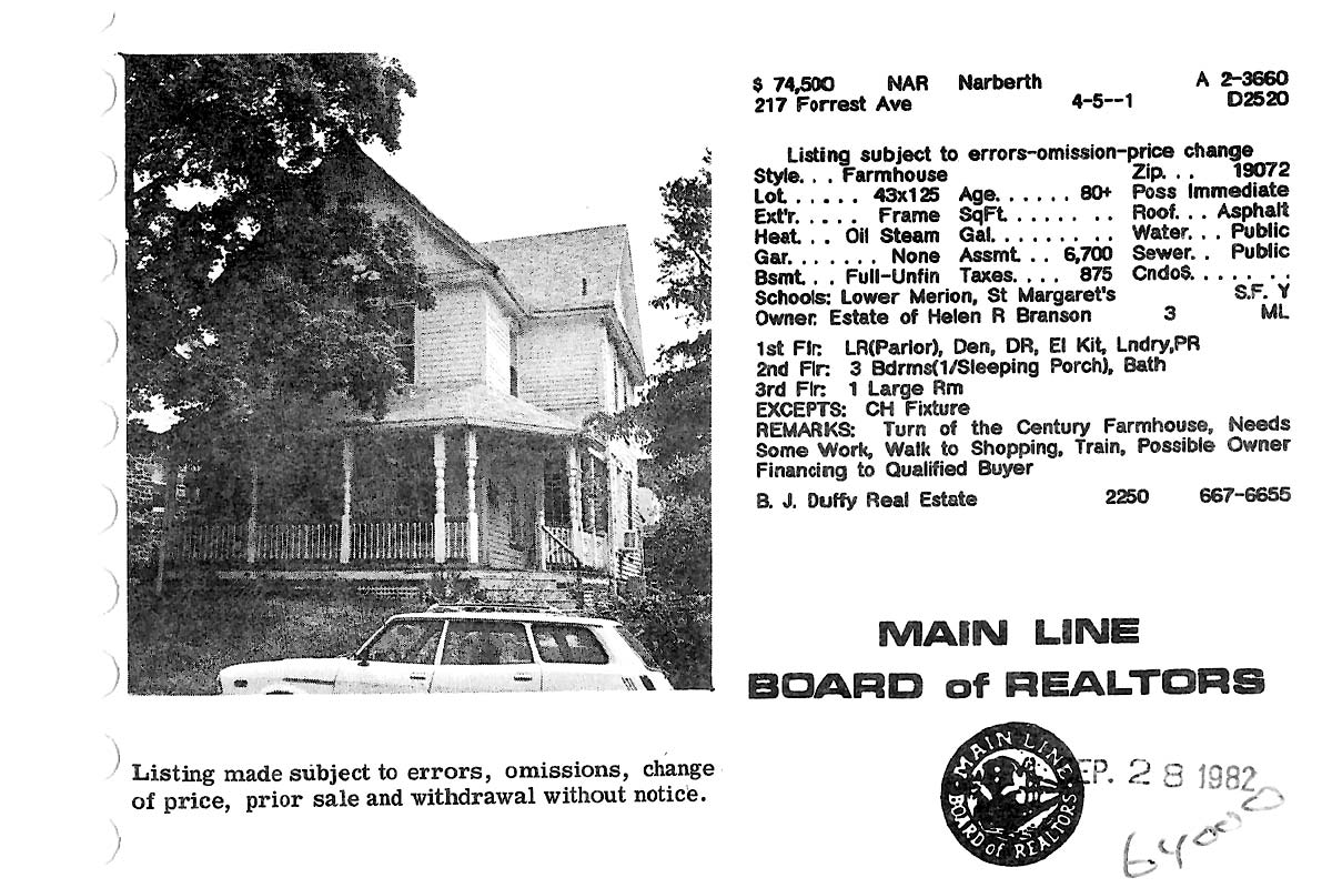 217 Forrest Avenue real estate listing, 1982