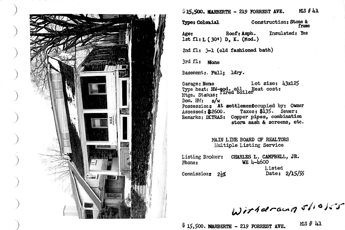 219 Forrest Avenue real estate listing, 1955