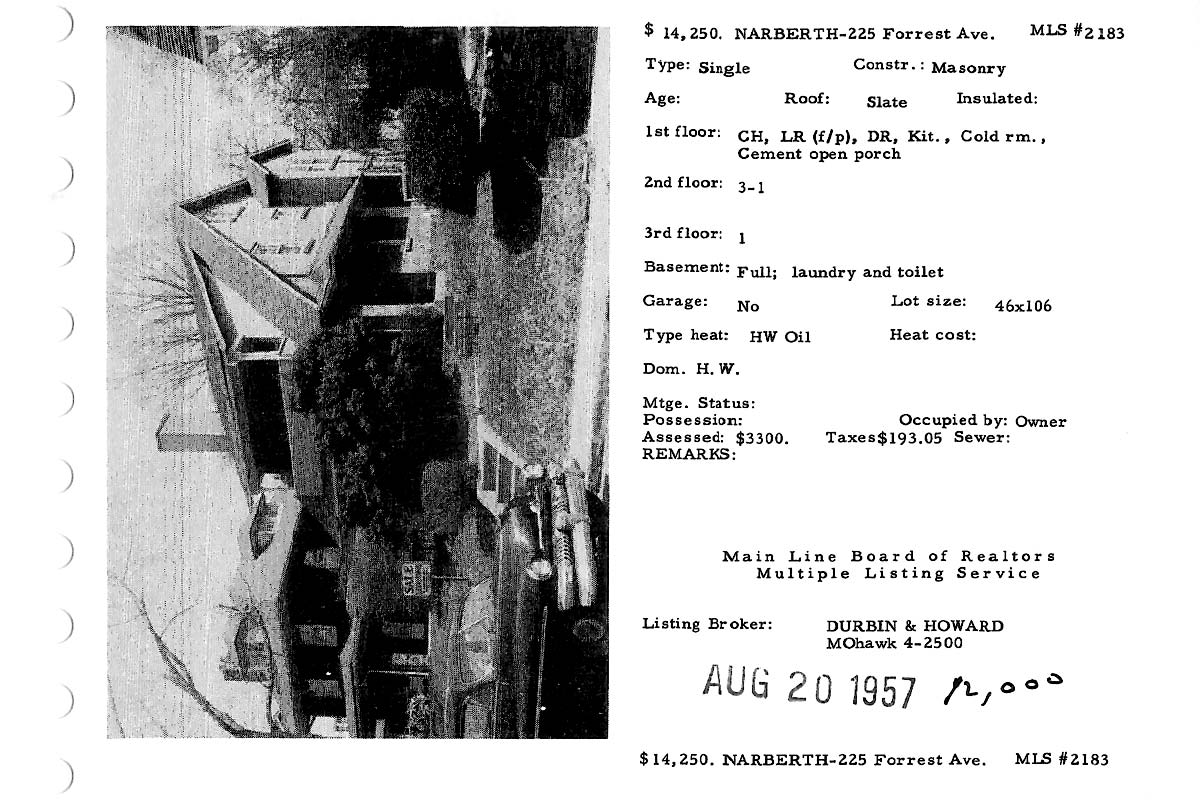 225 Forrest Avenue real estate listing, 1957