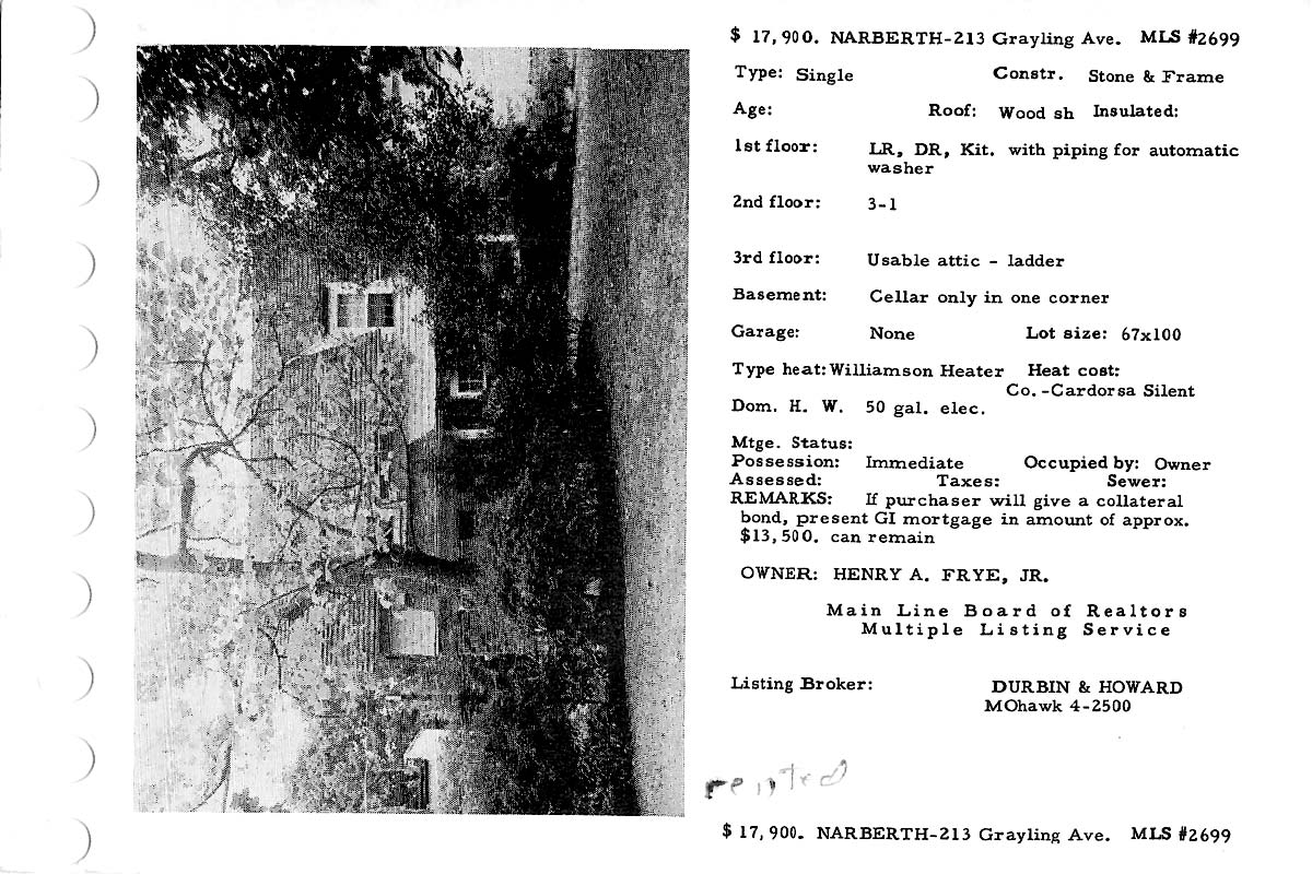 213 Grayling Avenue real estate listing, 1959