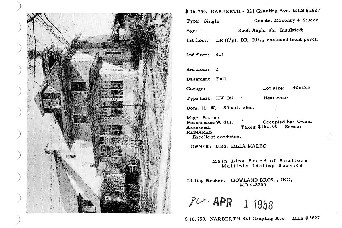 321 Grayling Avenue real estate listing, 1958