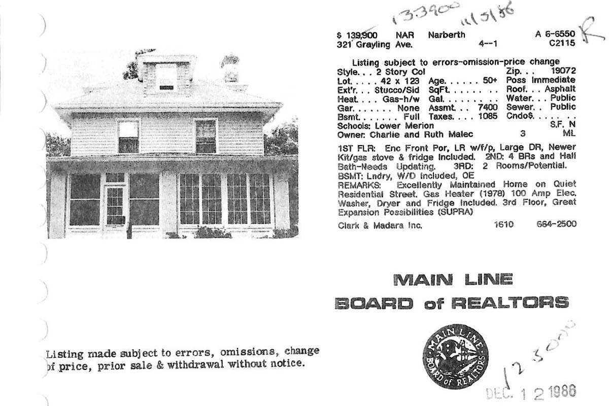 321 Grayling Avenue real estate listing, 1986