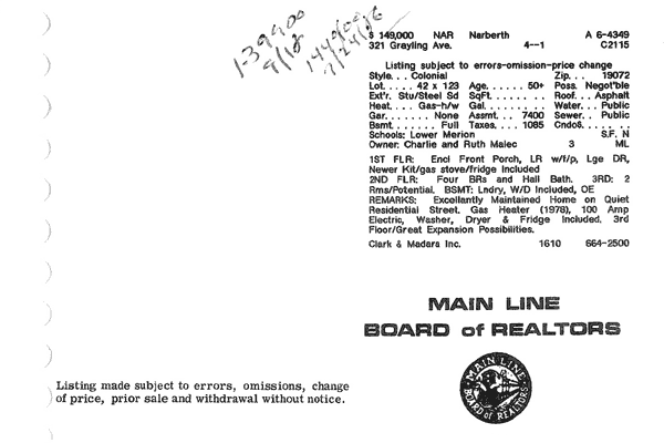 321 Grayling Avenue real estate listing, 1986