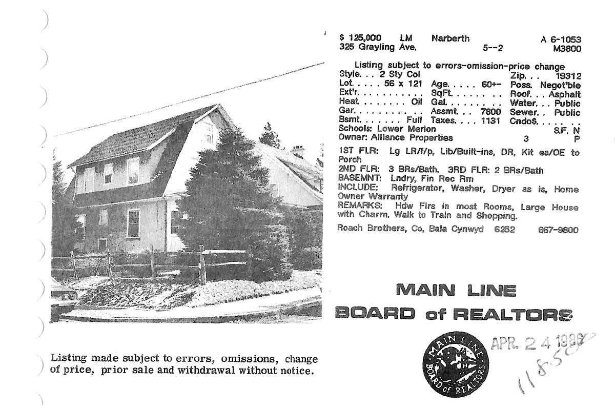 325 Grayling Avenue real estate listing, 1986