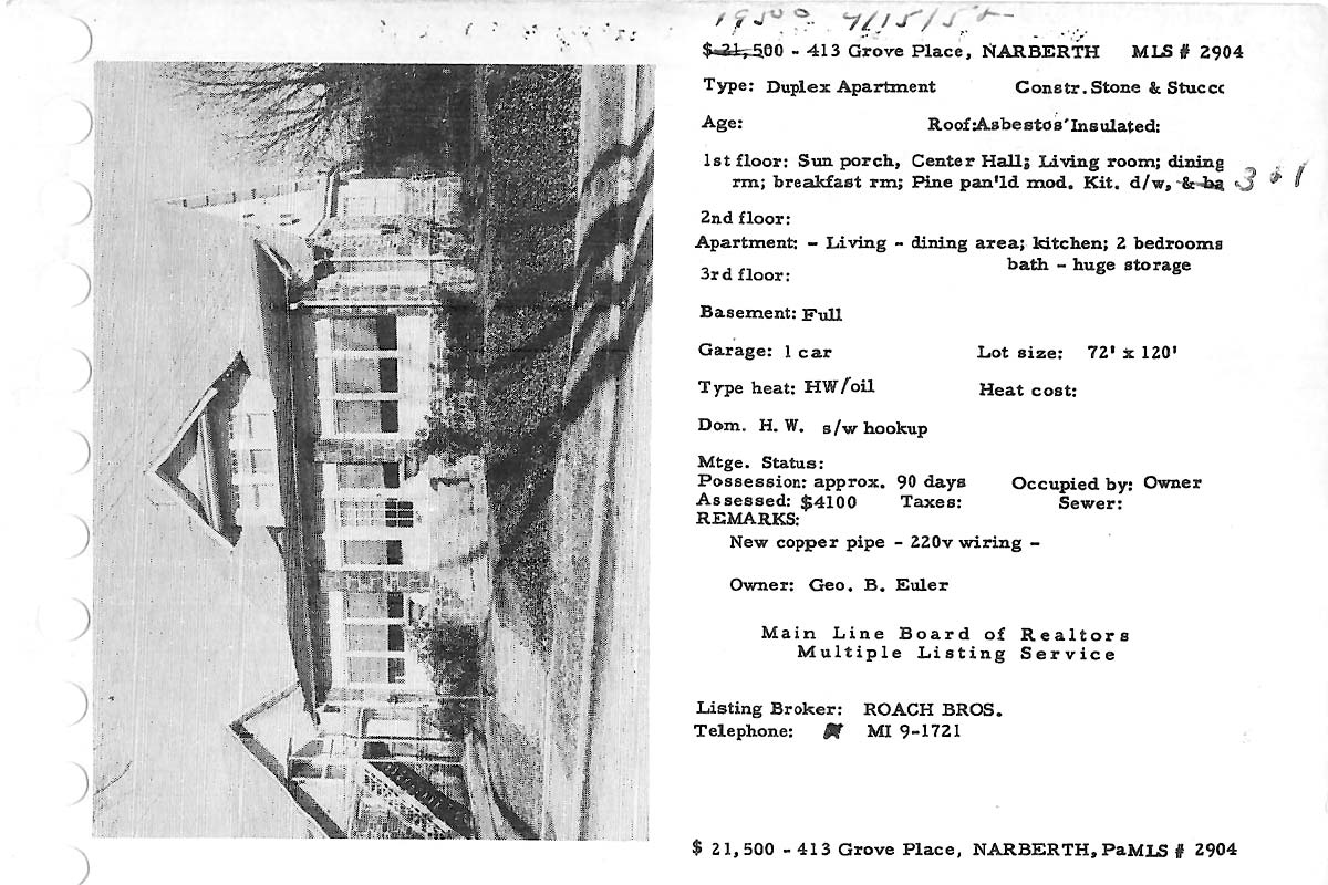 413 Grove Place real estate listing, 1958