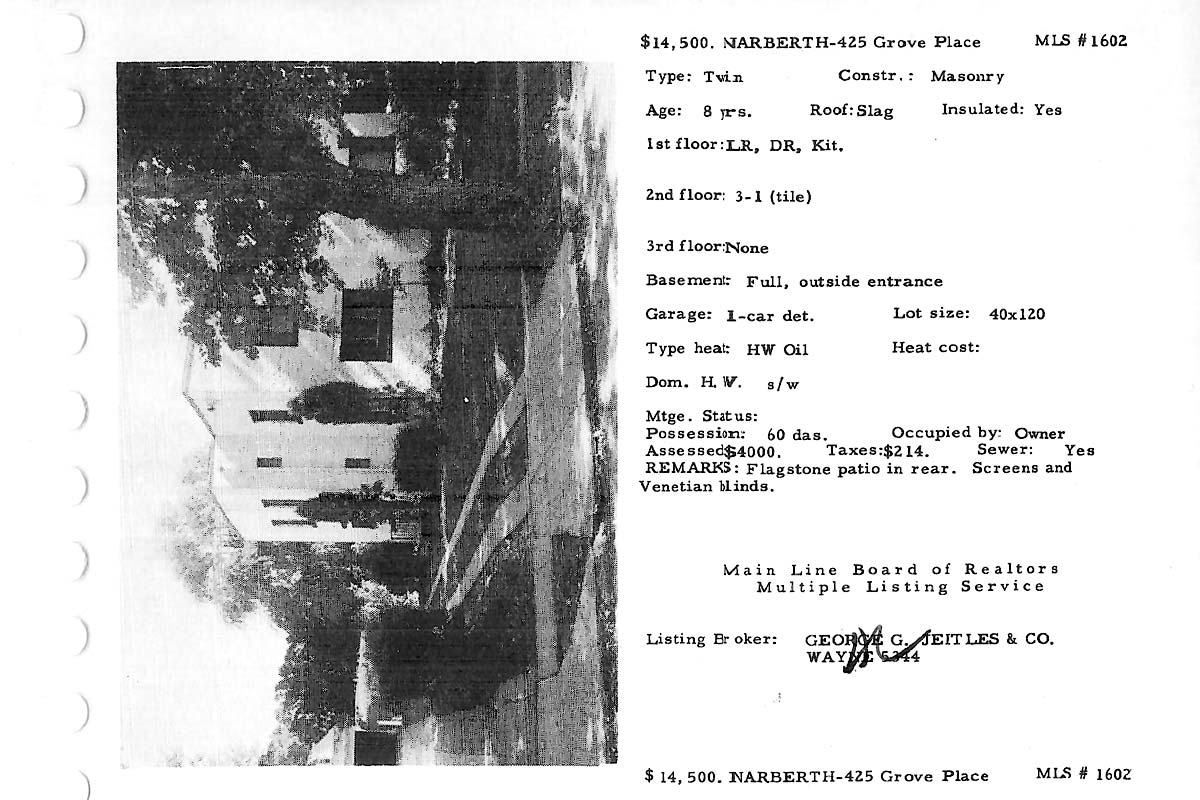 425 Grove Place real estate listing, 1957