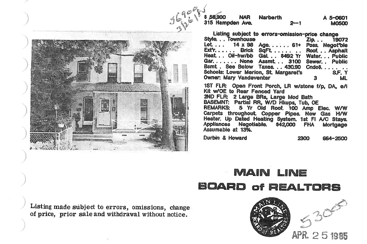 315 Hampden Avenue real estate listing, 1985