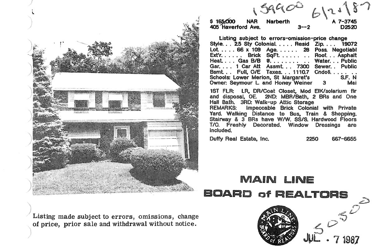 405 Haverford Avenue real estate listing, 1987