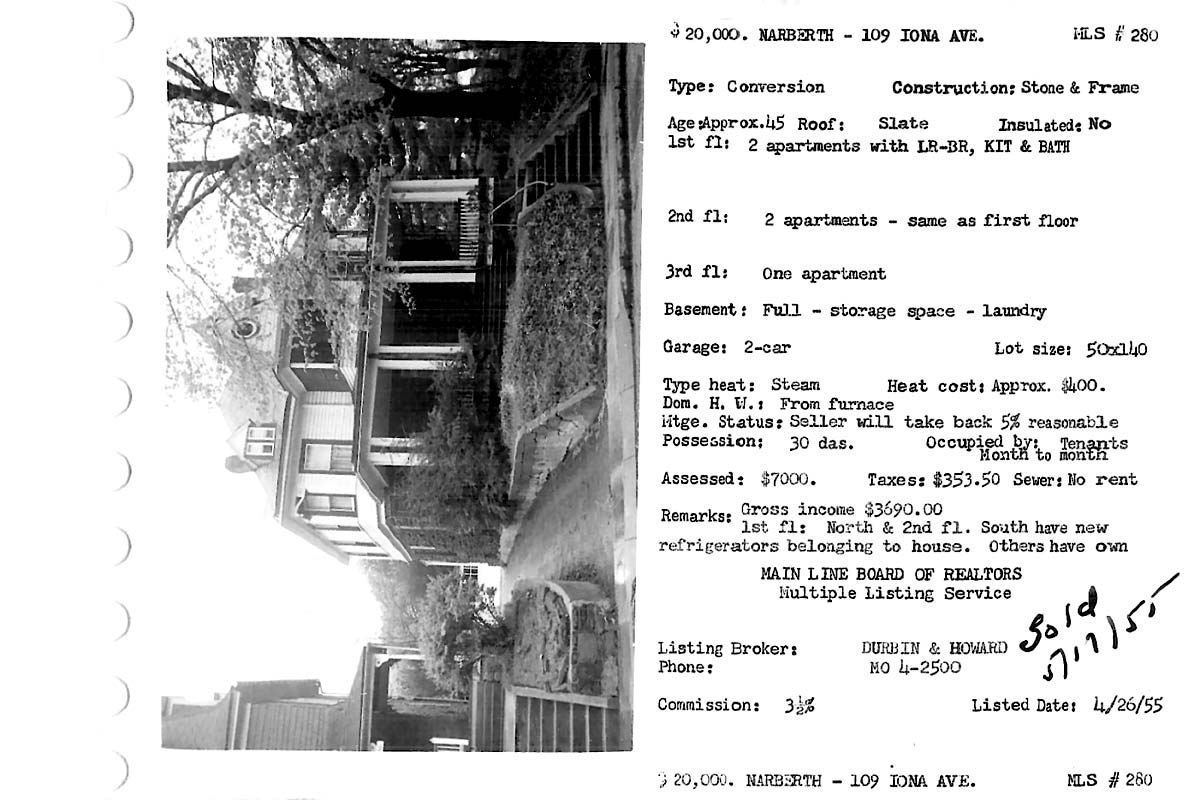 109 Iona Avenue real estate listing, 1955