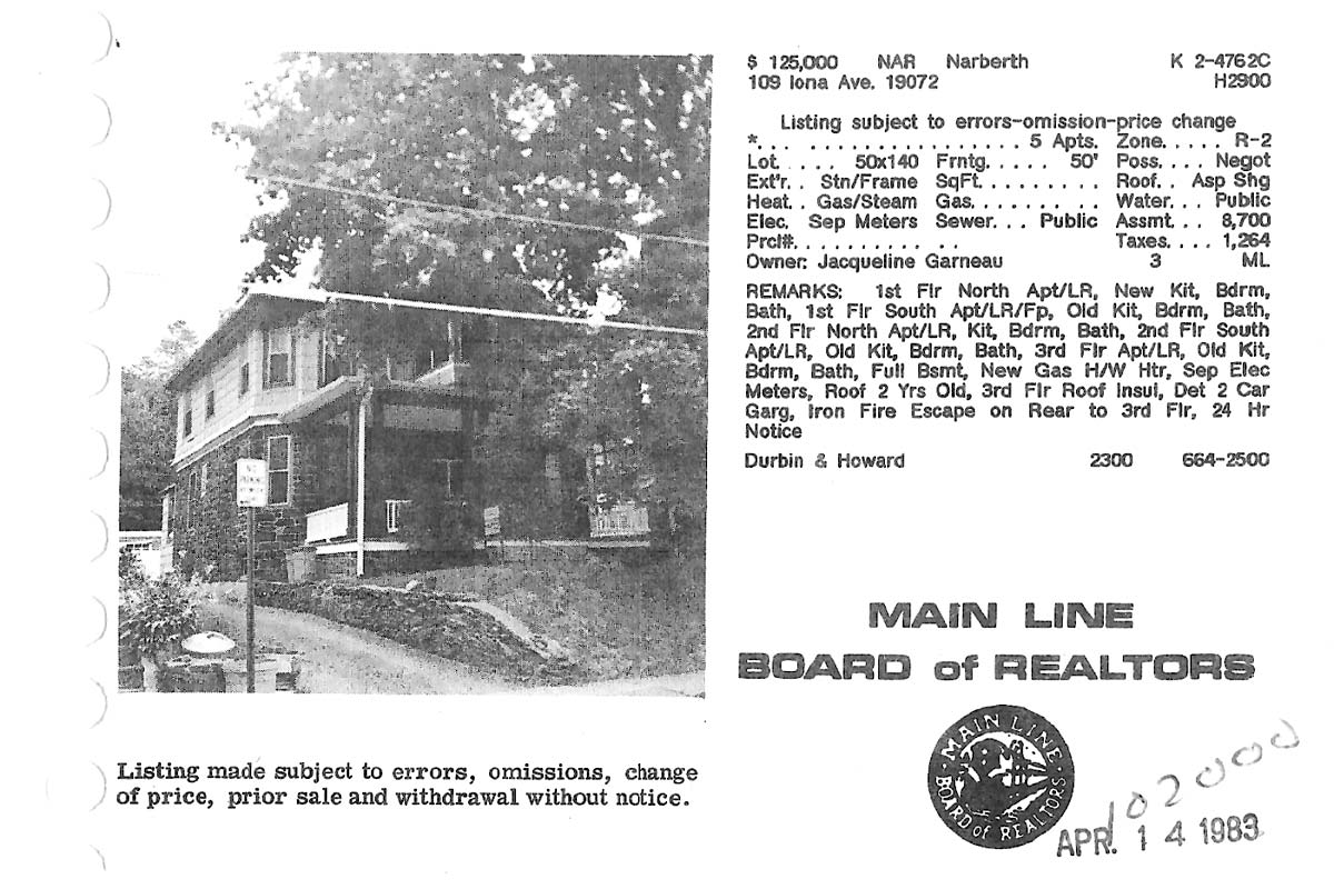 109 Iona Avenue real estate listing, 1983