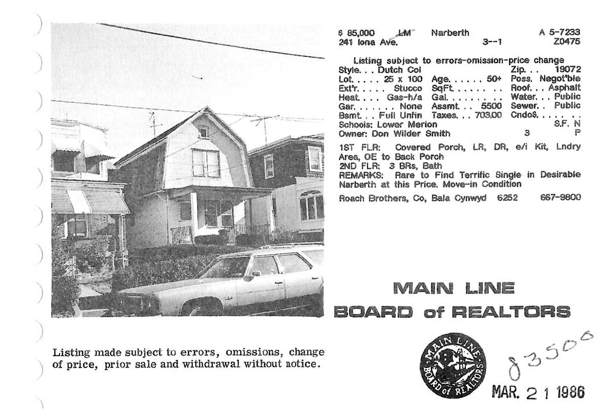 241 Iona Avenue real estate listing, 1985