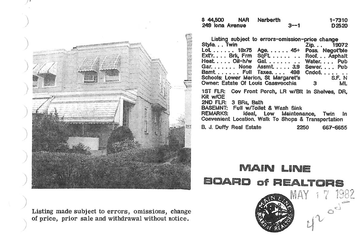 249 Iona Avenue real estate listing, 1981