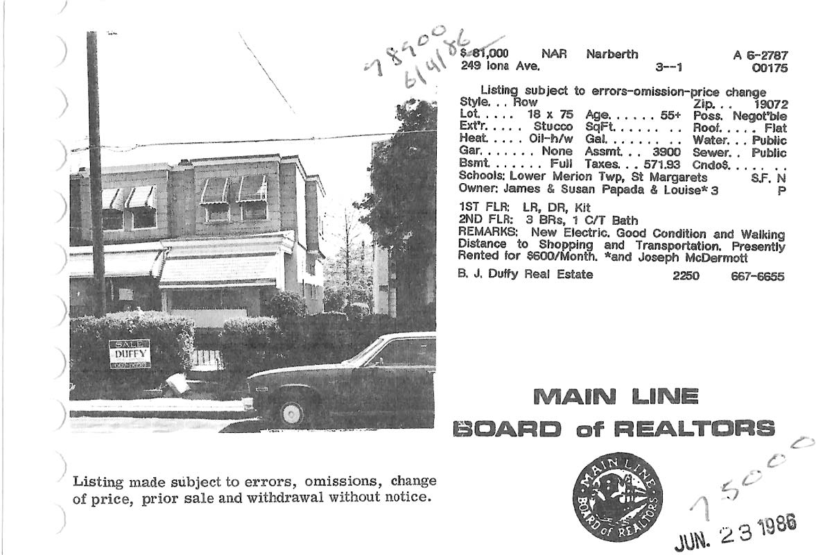 249 Iona Avenue real estate listing, 1986
