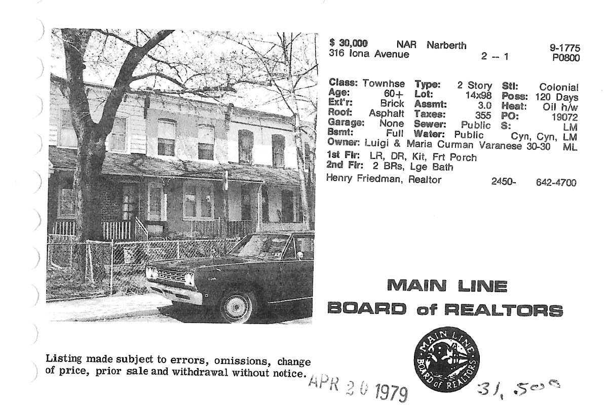 316 Iona Avenue real estate listing, 1979