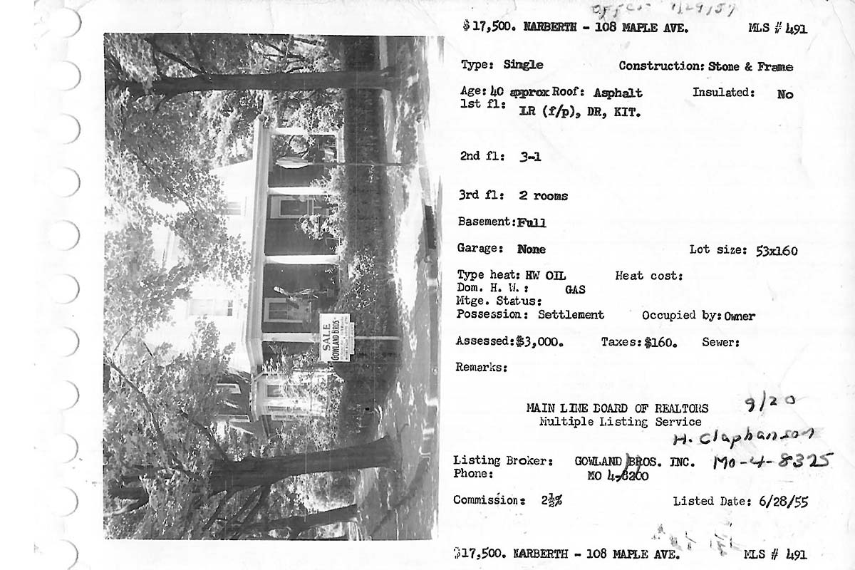 108 Maple Avenue real estate listing, 1955