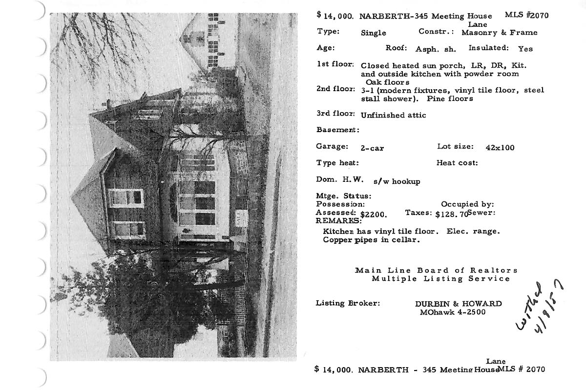 345 Meeting House Lane real estate listing, 1957