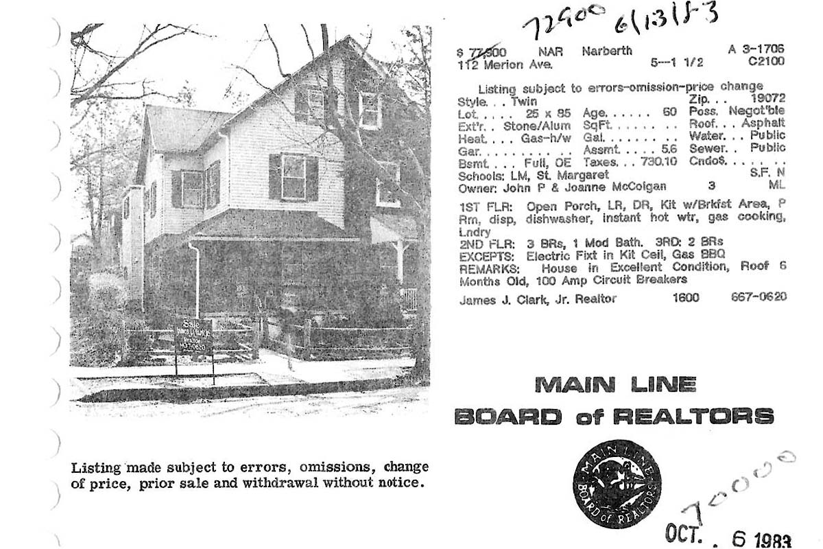 112 Merion Avenue real estate listing, 1983