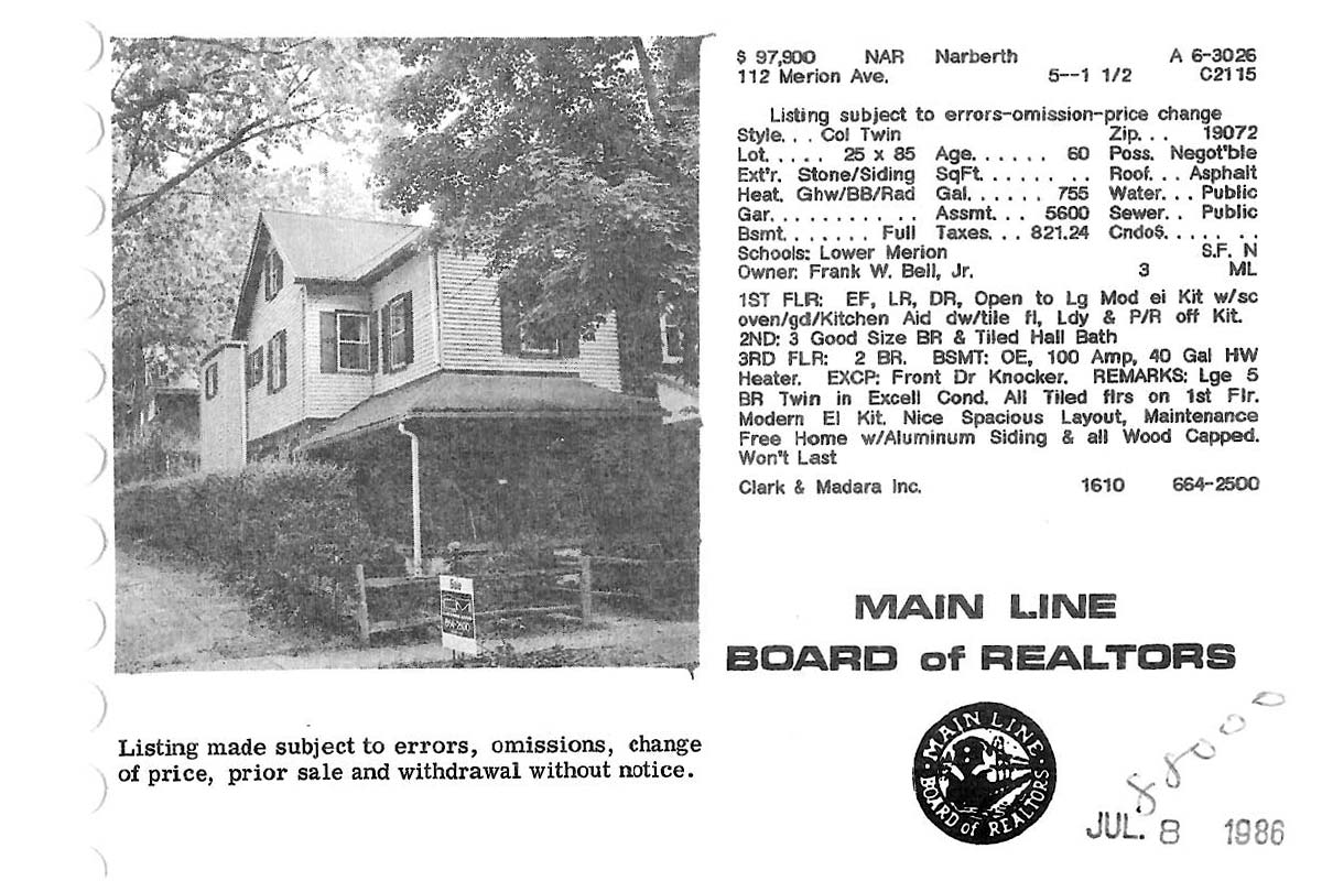 112 Merion Avenue real estate listing, 1986