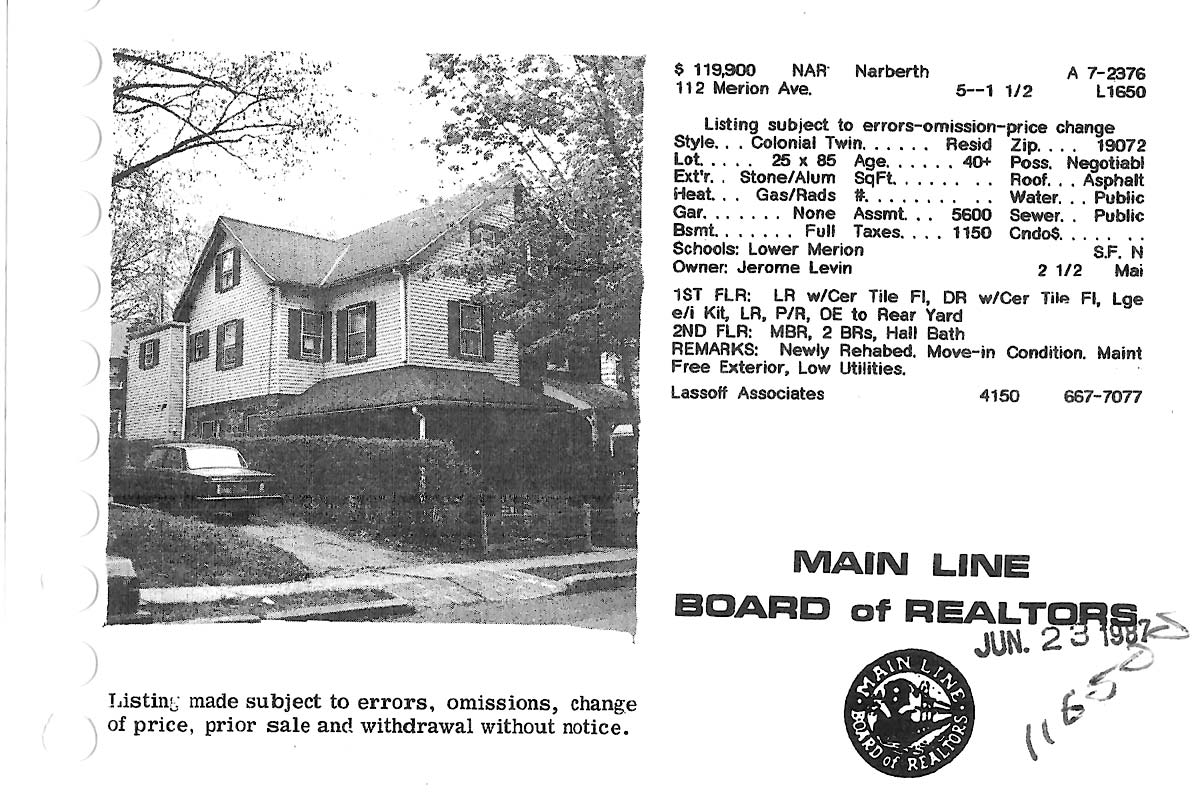 112 Merion Avenue real estate listing, 1987