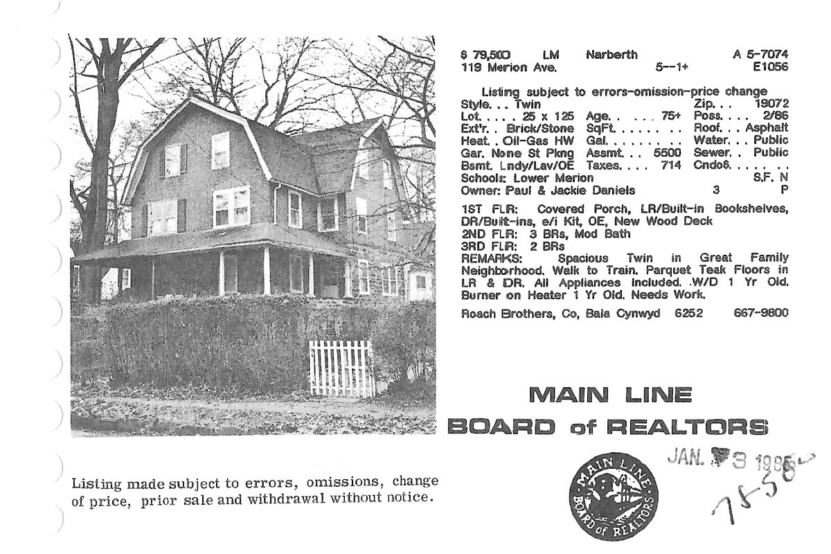 119 Merion Avenue real estate listing, 1985