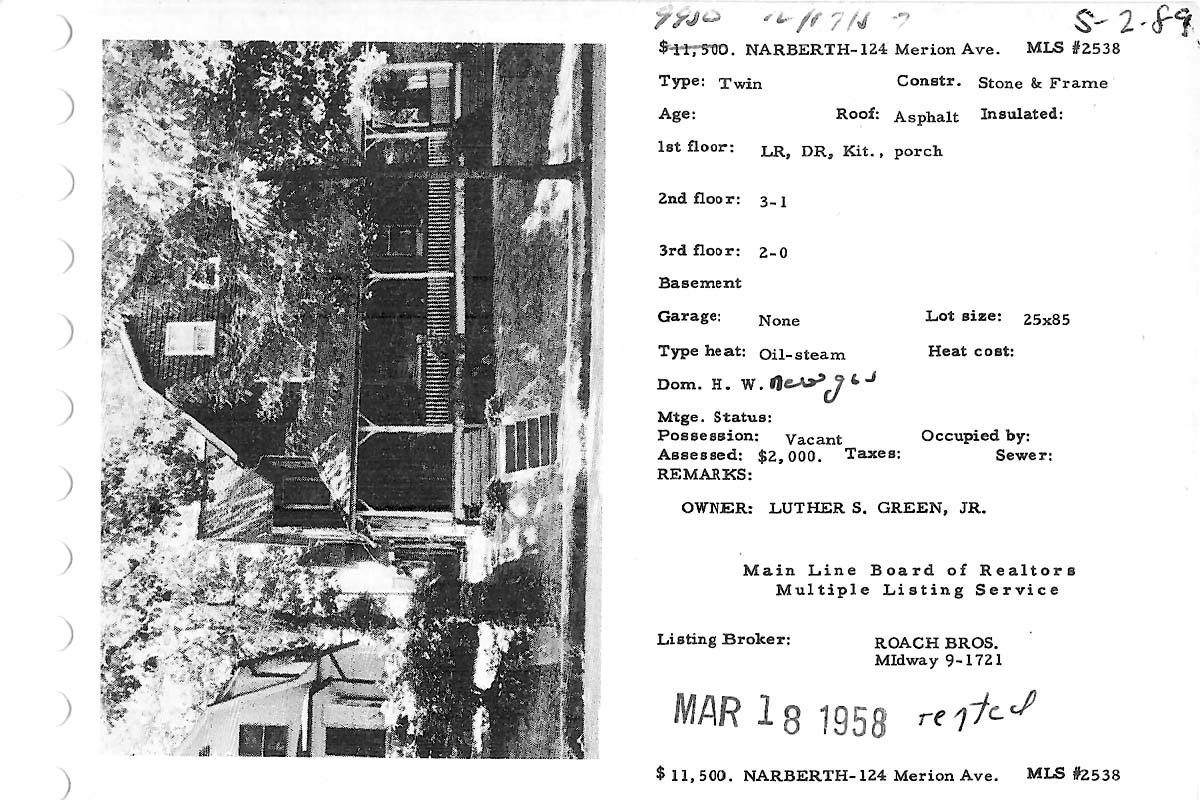 124 Merion Avenue real estate listing, 1958