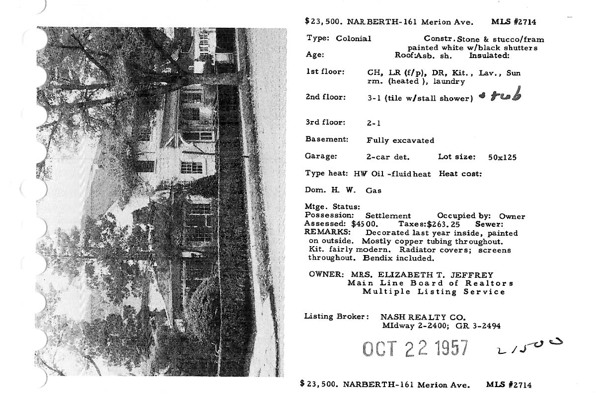 161 Merion Avenue real estate listing, 1957