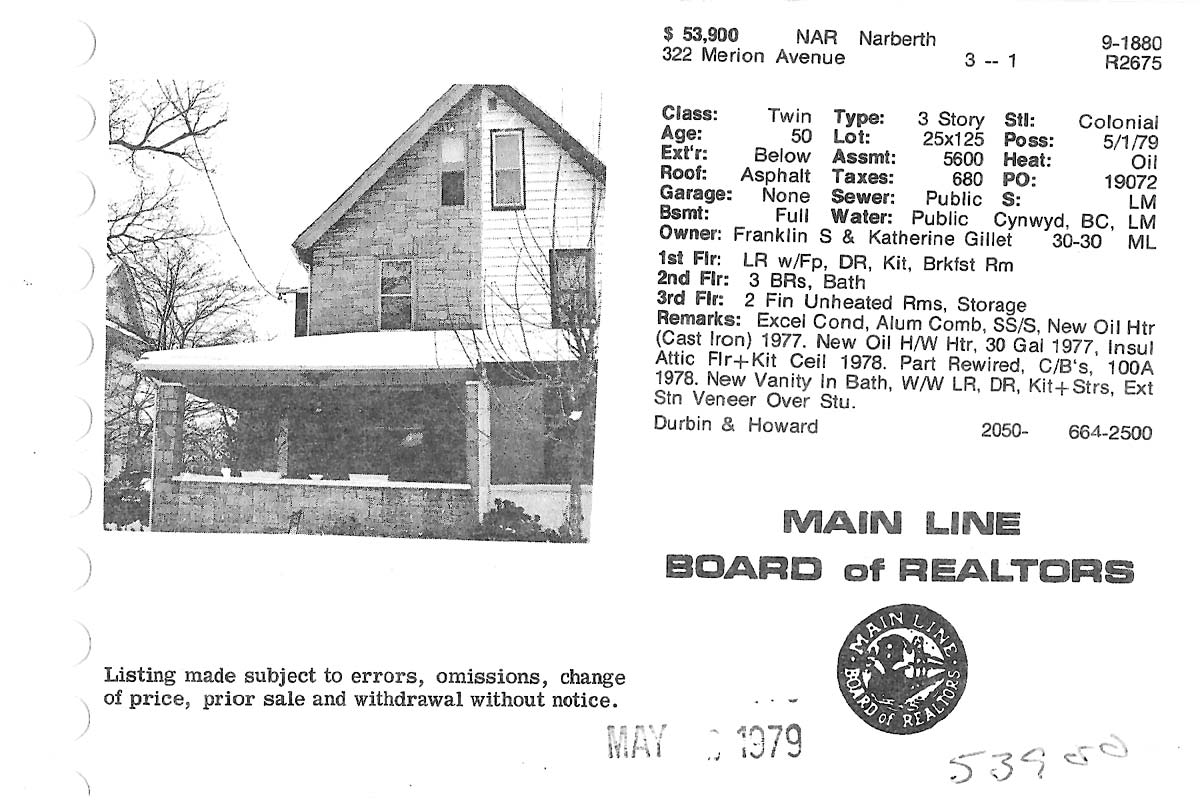 322 Merion Avenue real estate listing, 1979