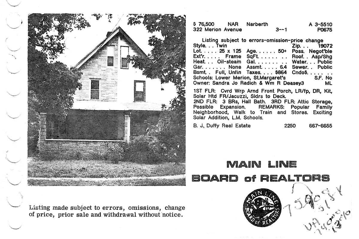 322 Merion Avenue real estate listing, 1983