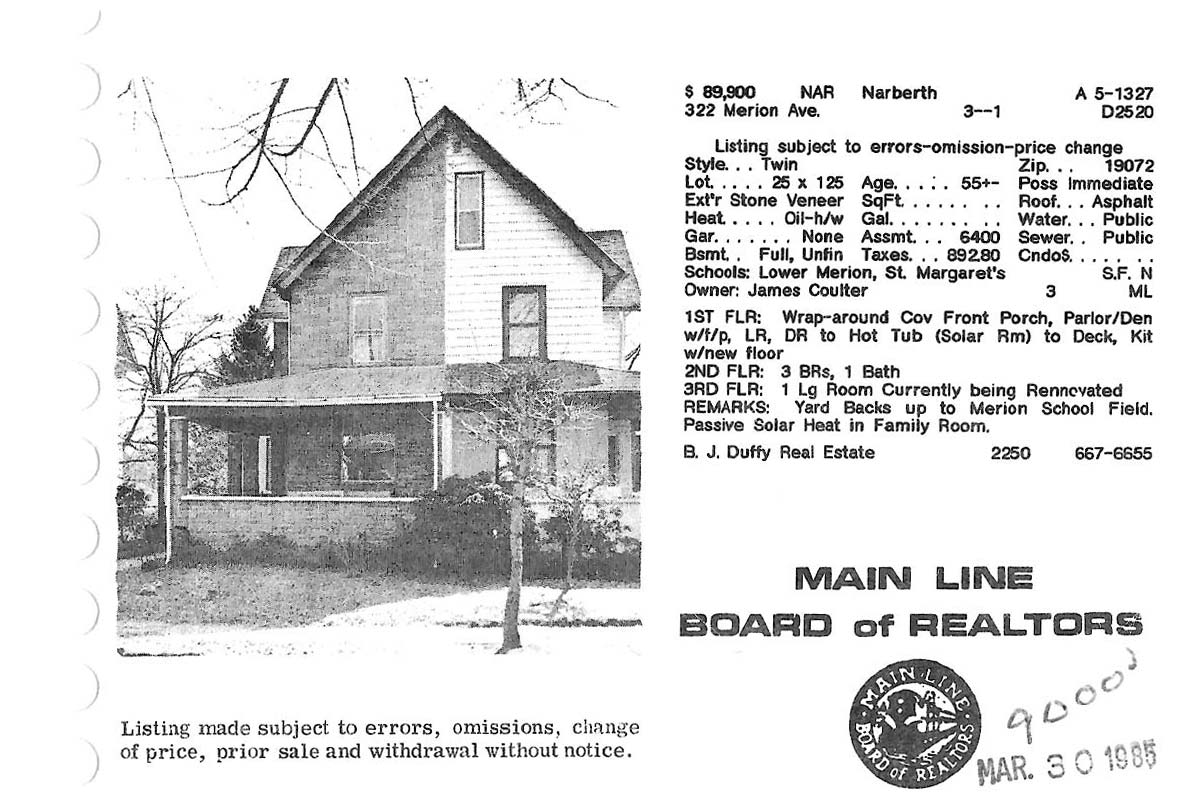 322 Merion Avenue real estate listing, 1985