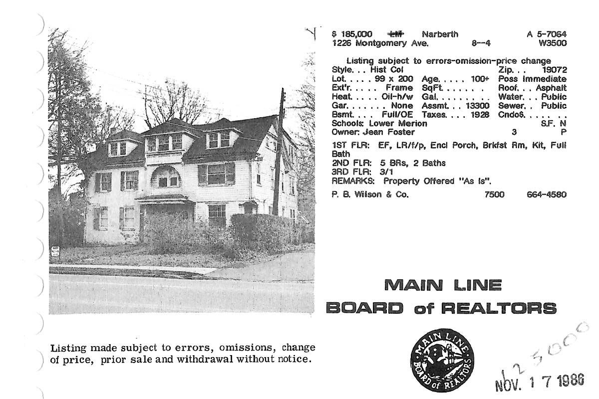 1226 Montgomery Avenue real estate listing, 1986