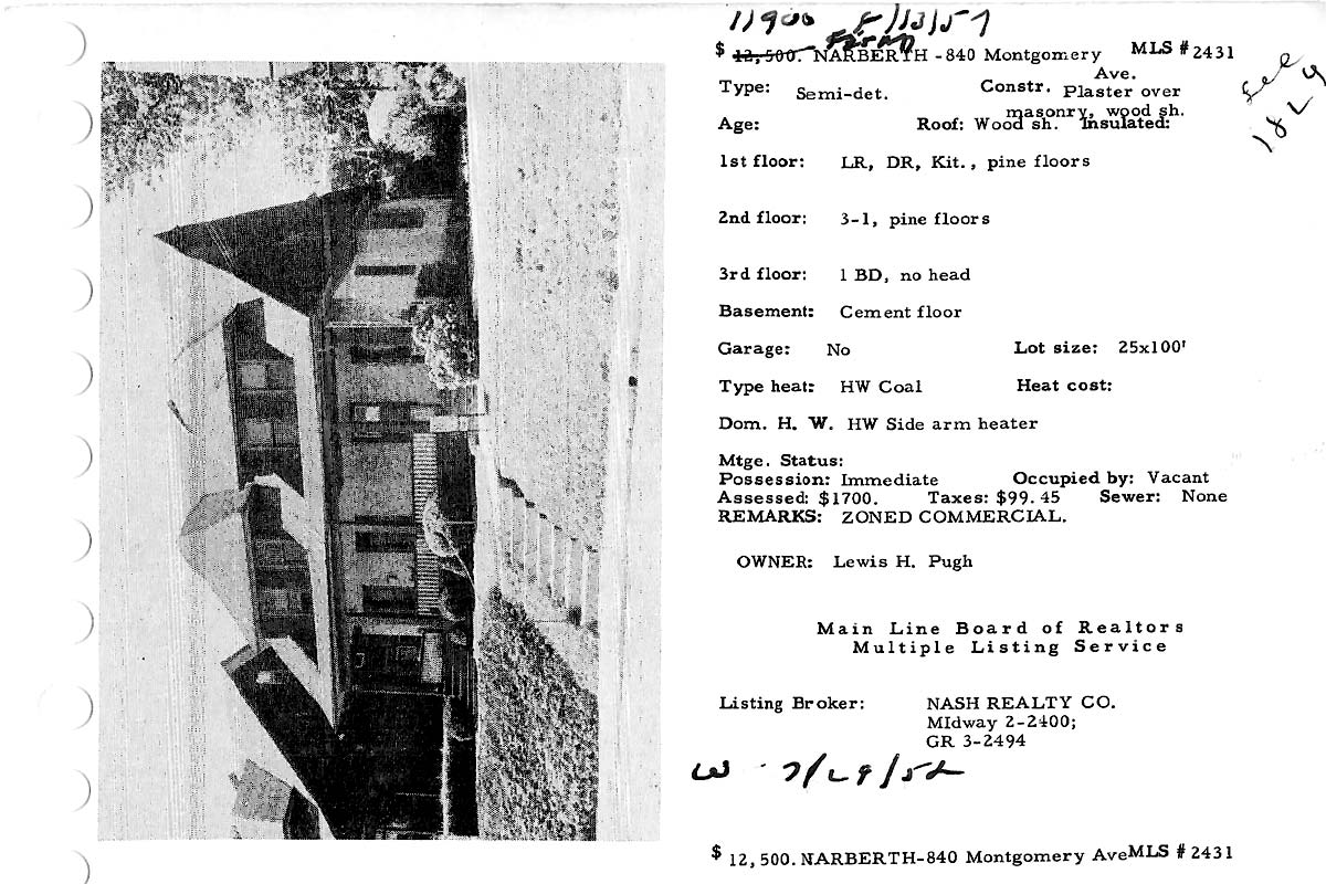 840 Montgomery Avenue real estate listing, 1957