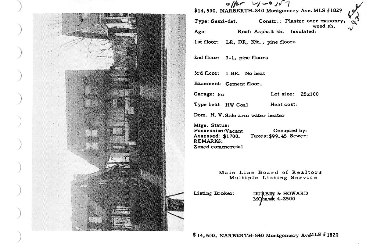 840 Montgomery Avenue real estate listing, 1957