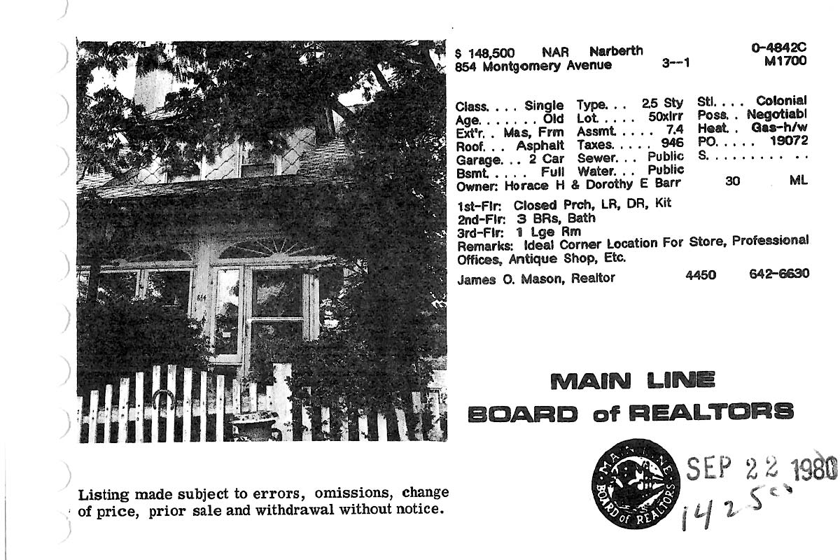 854 Montgomery Avenue real estate listing, 1980
