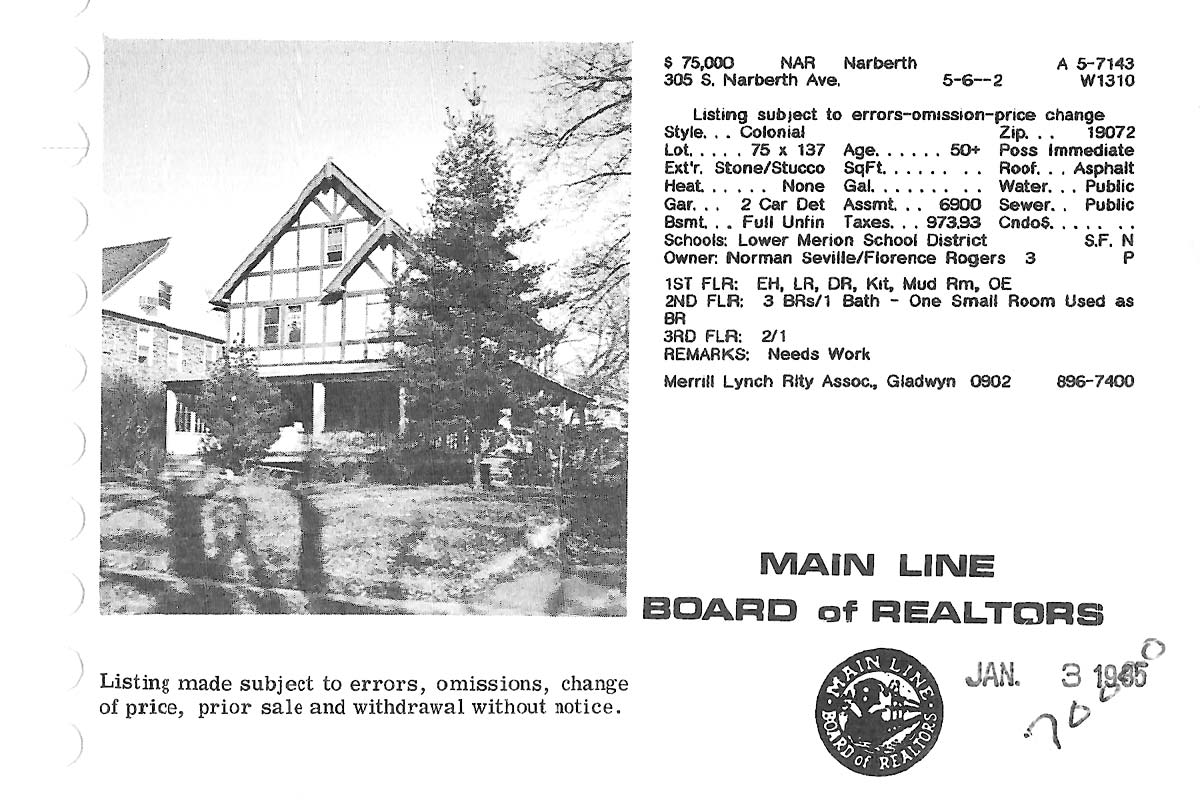 305 S. Narberth Avenue real estate listing, 1985