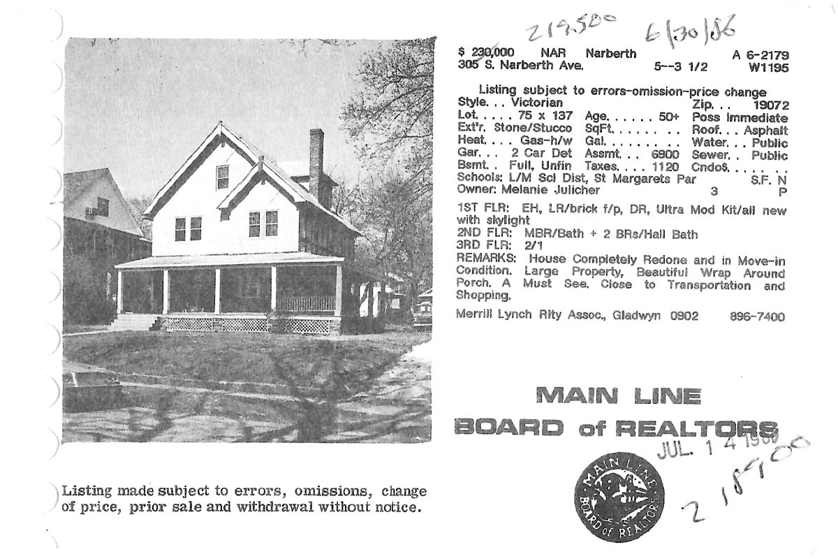 305 S. Narberth Avenue real estate listing, 1986