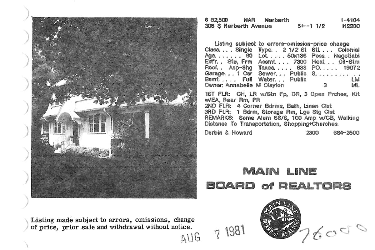 308 S. Narberth Avenue real estate listing, 1981