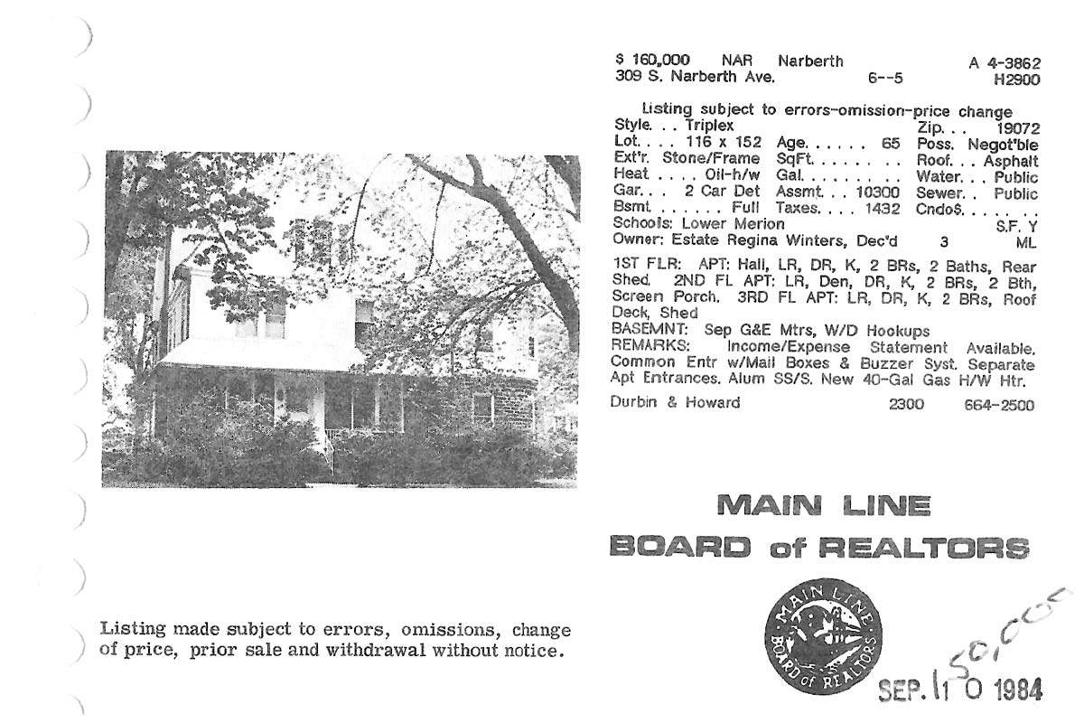 309 S. Narberth Avenue real estate listing, 1984