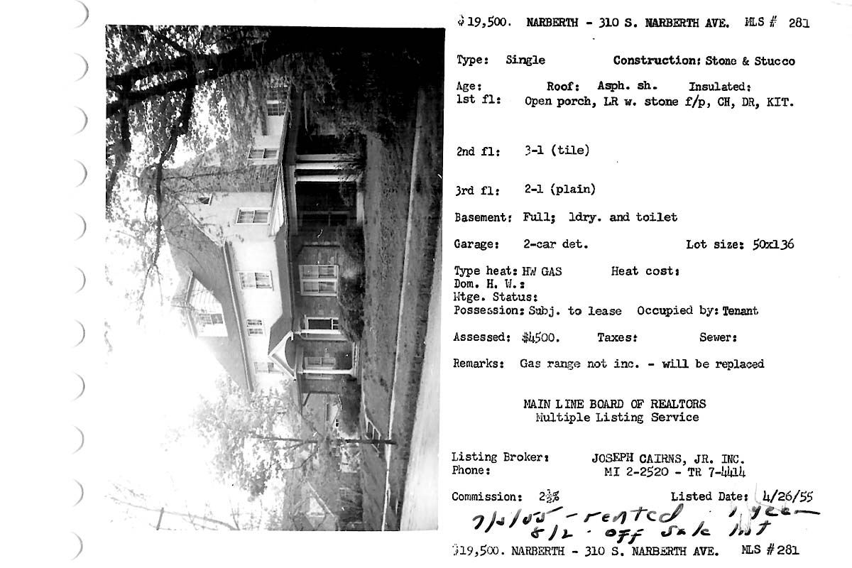 310 S. Narberth Avenue real estate listing, 1955