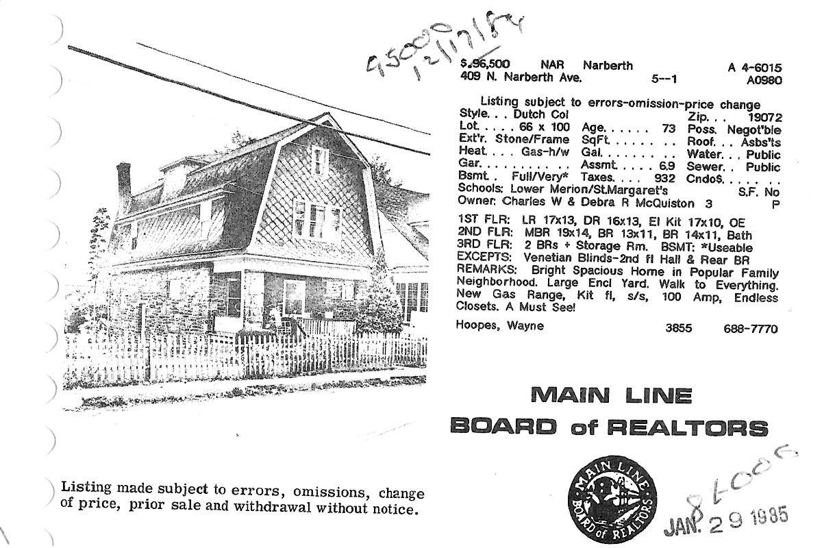 409 N. Narberth Avenue real estate listing, 1985