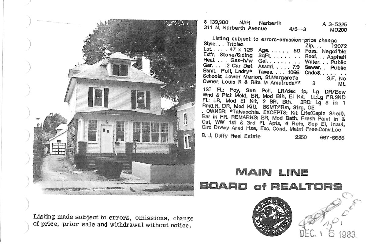 311 N. Narberth Avenue real estate listing, 1983