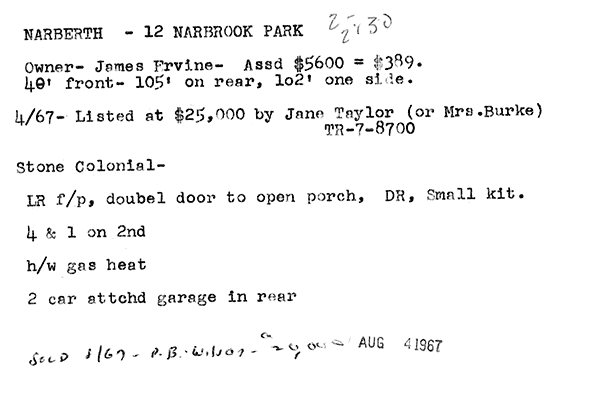 12 Narbrook Park real estate listing, 1967