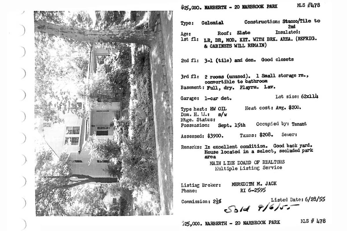 20 Narbrook Park real estate listing, 1955