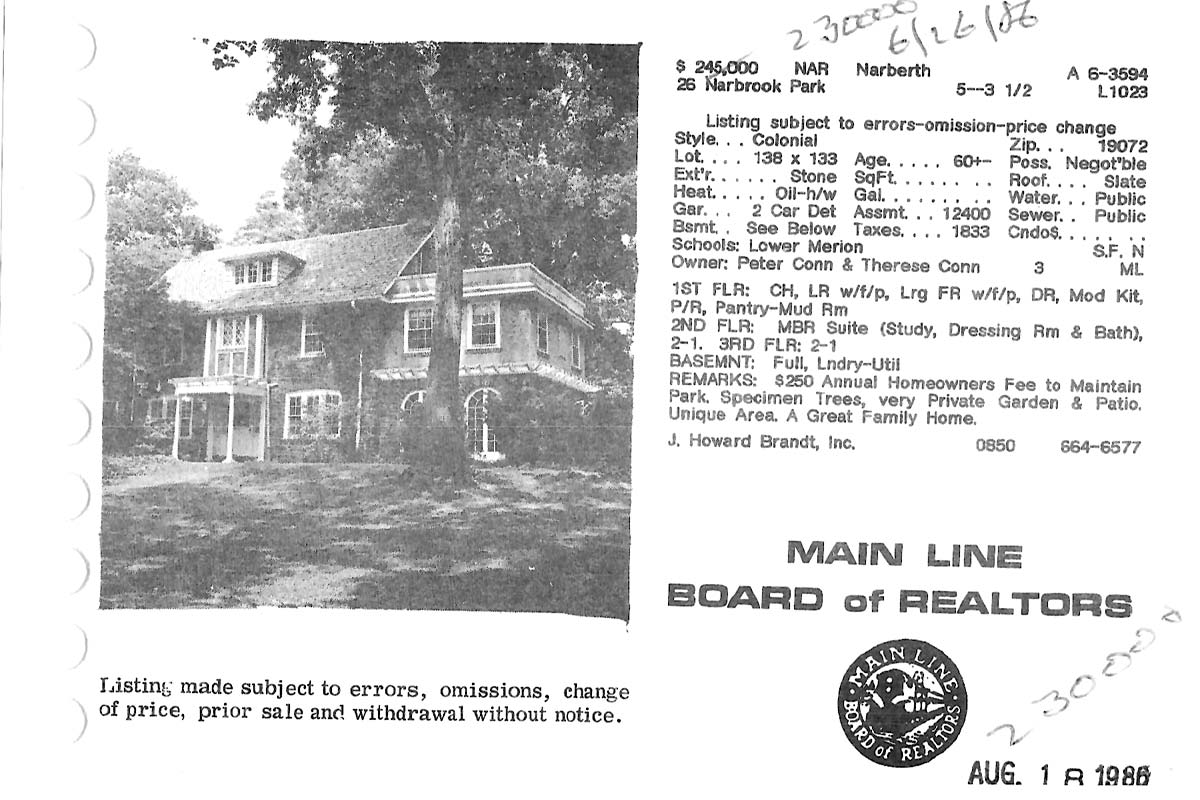 26 Narbrook Park real estate listing, 1986