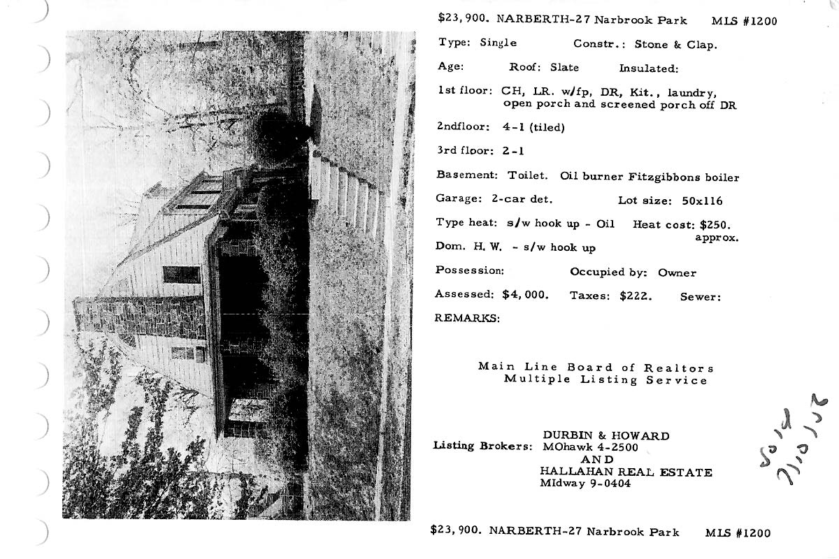 27 Narbrook Park real estate listing, 1956