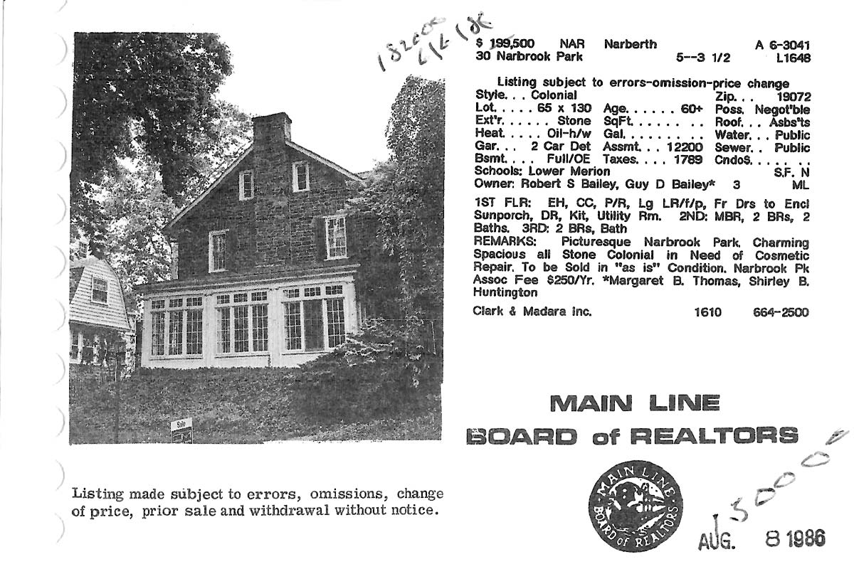 30 Narbrook Park real estate listing, 1986
