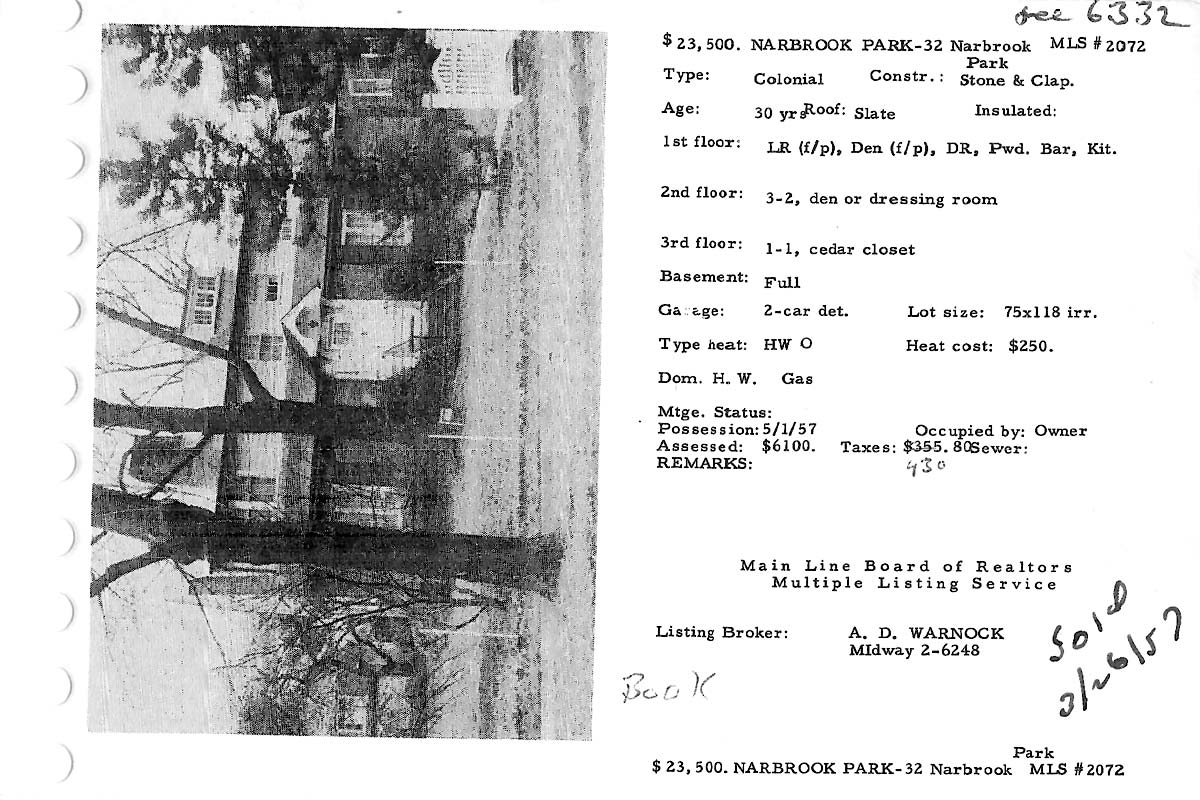 32 Narbrook Park real estate listing, 1957